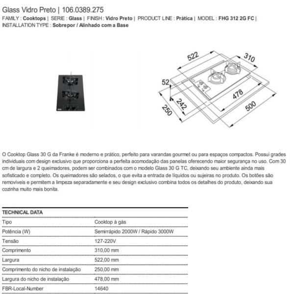 Imagem de Cooktop a gás franke glass 2b fhg 312 2g fc bivolt 14640