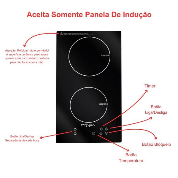 Imagem de  Cooktop de Indução 2 Bocas PandaPlus Preto 220V, Design Moderno e Compacto, Controle Digital, Proteção de Segurança e Ajuste de Temperatura