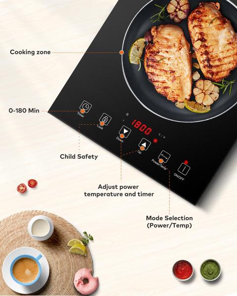 Imagem de Cooktop de Indução Portátil AMZCHEF com 9 Níveis de Potência, 1800W (Preto)