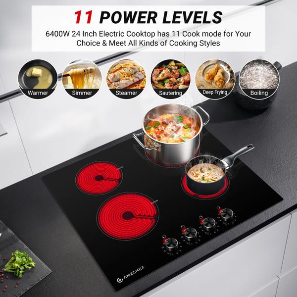 Imagem de Cooktop Elétrico AMZCHEF 24" com 4 Bocas, 11 Níveis de Potência (Preto)