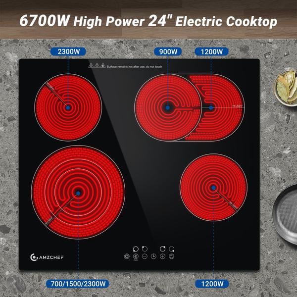 Imagem de Cooktop Elétrico AMZCHEF 24" Embutido com 4 Bocas e 9 Níveis de Potência