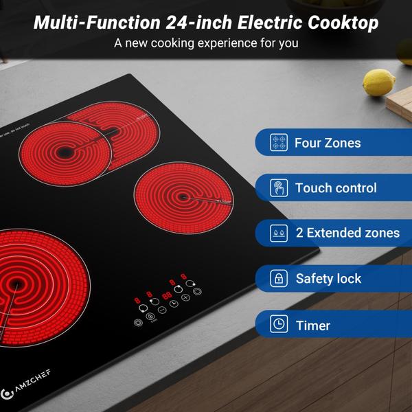 Imagem de Cooktop Elétrico AMZCHEF 24" Embutido com 4 Bocas e 9 Níveis de Potência