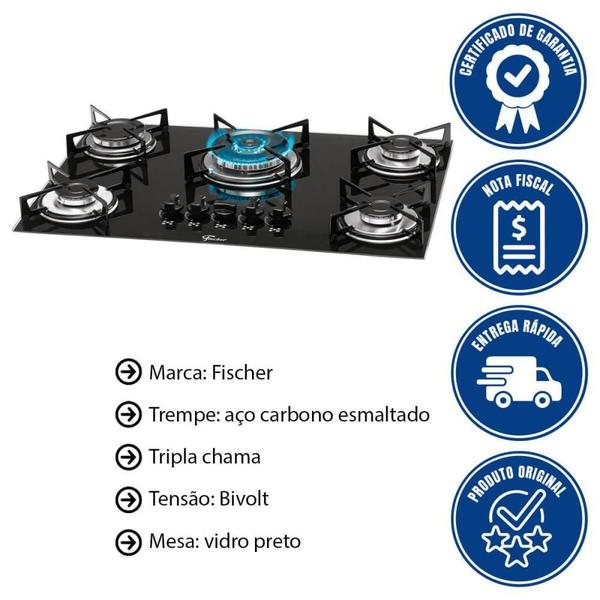 Imagem de Cooktop Fischer 5 Bocas A Gás Com Mesa De Vidro Preto Tripla Chama Bivolt 1743(5733)