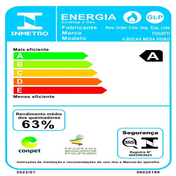 Imagem de Cooktop Fogatti à Gás FGT 4B Vidro Preto Flange Esmaltada