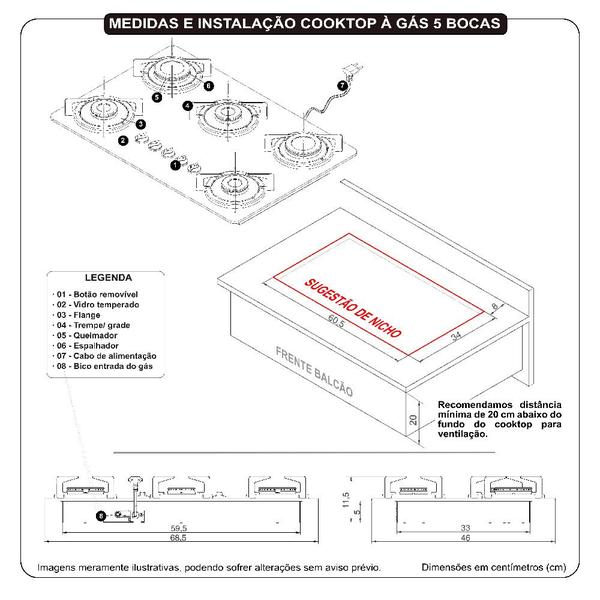 Imagem de Cooktop Fogatti à Gás FGT 5B Vidro Preto Flange Esmaltada