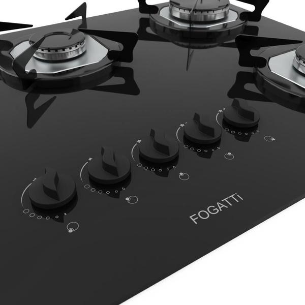 Imagem de Cooktop Fogatti à Gás FGT 5B Vidro Preto Flange Inox