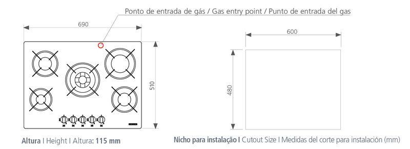 Imagem de Cooktop penta b 5gg tri 70 vidro preto 5 bocas a gás 94708201 T