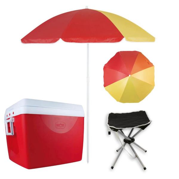 Imagem de Cooler 75 L Alcas e Divisoria Vermelho + Guarda Sol + Banqueta Praia / Pesca  Kit 