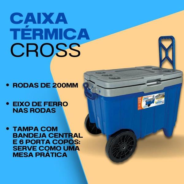 Imagem de Cooler Térmico Grande 54L Caixa Térmica Antares Com Rodas CROSS Alça Trava e Porta Copos