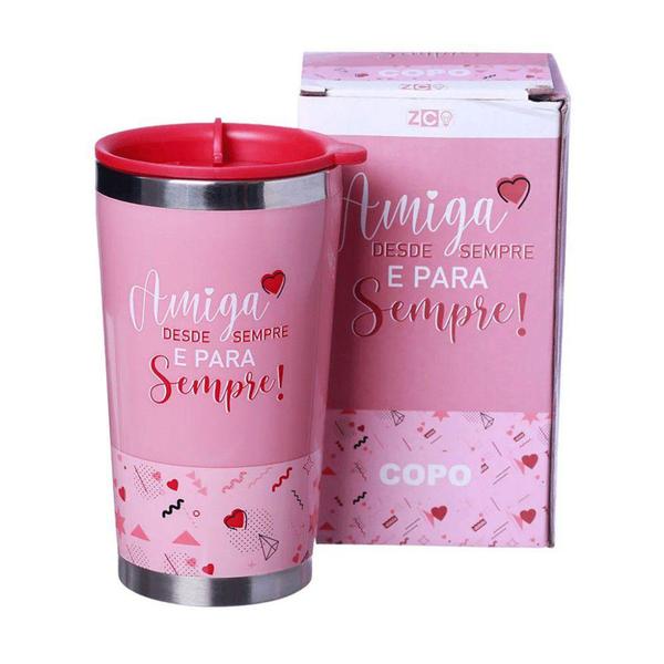 Imagem de Copo Amiga Desde Sempre Semi-térmico Rosa 400ml Com Tampa Para Viagem - Zona Criativa