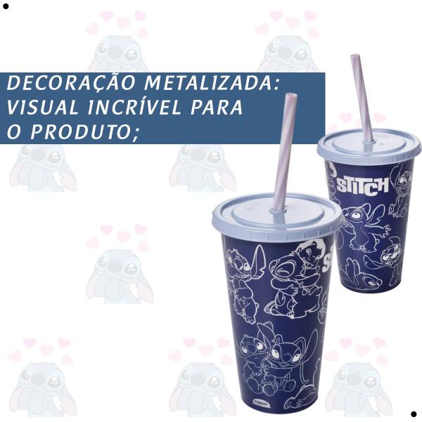 Imagem de Copo com Canudo Stitch Metalizado 500ml - Plasútil