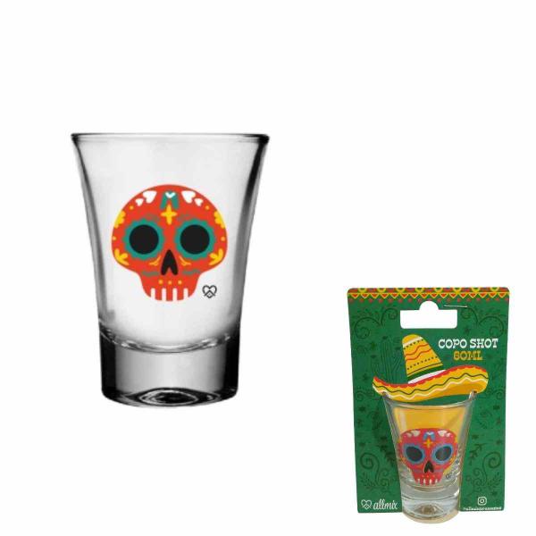 Imagem de Copo Copinho Shot 60ml Vidro Caveira Mexicana Várias Cores Para Tequila Jagermeister Cachaça Pinga Dose