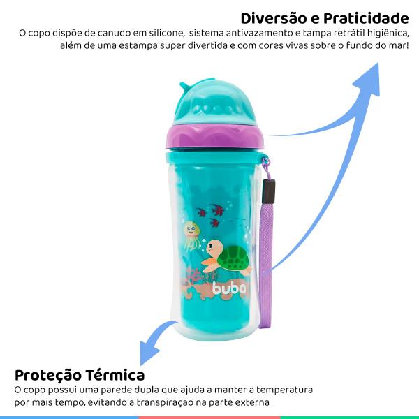 Imagem de Copo de Bebê Térmico +12 Meses Parede Dupla 250mL Canudo Silicone Retrátil Com Alça Turminha do Mar Buba