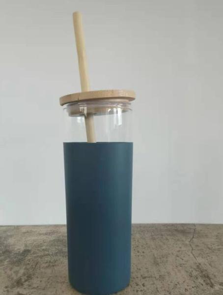 Imagem de Copo de café portátil canecas criativas de café ao ar livre garrafa de água com copos de vidro resistentes ao calor de palha de bambu Xícaras de chá (Azul)