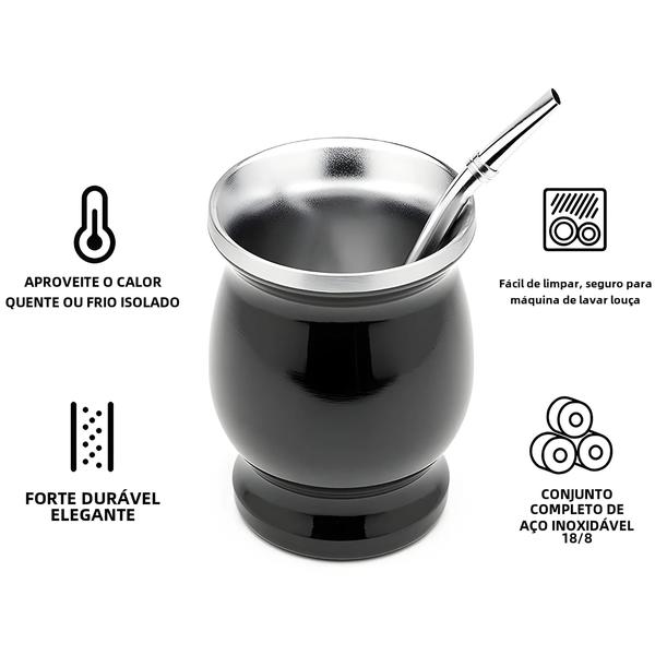 Imagem de Copo de Erva Mate Upors - Aço Inoxidável 304, Parede Dupla, 8oz, com Bombilha e Escova