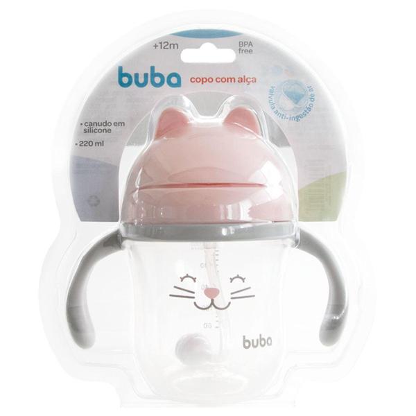 Imagem de Copo de Transição Alça Canudo Silicone Buba Gatinho Rosa 220ml