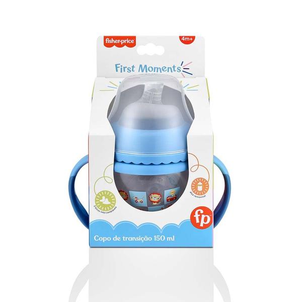 Copo de Transição First Moments + Bico Extra + Alça Removível 150 ml Azul Fisher Price - BB1055 Imagem de Copo de Transição First Moments + Bico Extra + Alça Removível 150 ml Azul Fisher Price - BB1055