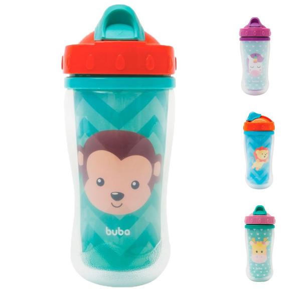 Imagem de Copo de transição garrafinha bebe infantil buba parede dupla animal fun com canudo retrátil silicone