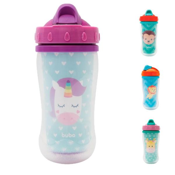 Imagem de Copo de transição garrafinha bebe infantil buba parede dupla animal fun com canudo retrátil silicone