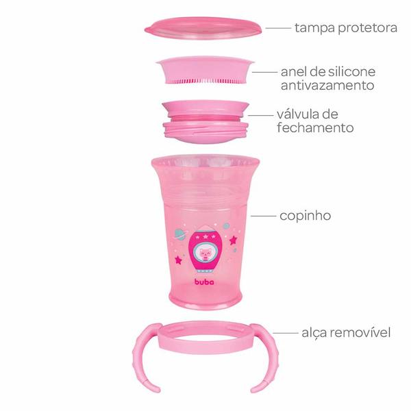 Imagem de Copo de Treinamento 360 Bebê - Alça Removível - 210ml - Foguete - Rosa - Buba