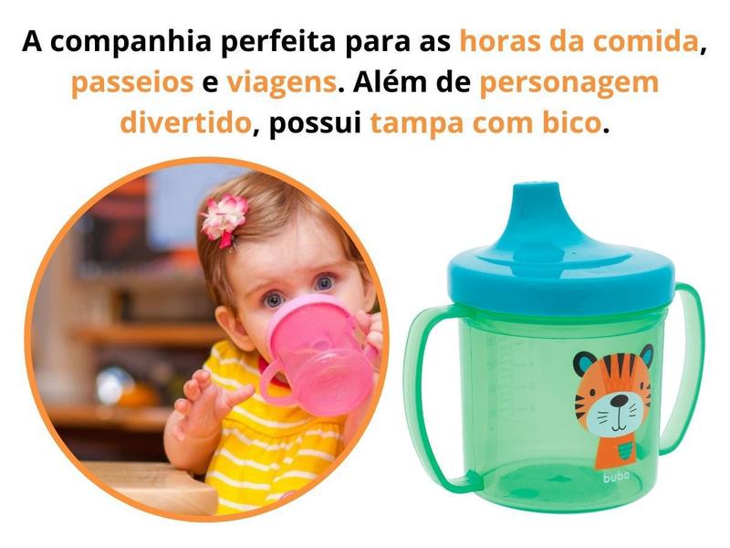 Imagem de Copo de Treinamento com Alça e Bico Rígido 180ml Rosa Verde Tigrinho Gatinho Menino Menina Buba