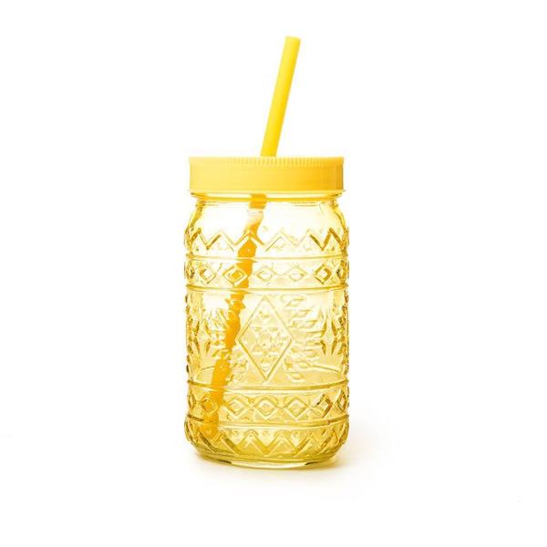 Imagem de Copo de Vidro Amarelo Detalhe Étnico 400ml com Tampa e Canudo para Sucos Refrigerantes e Refrescos