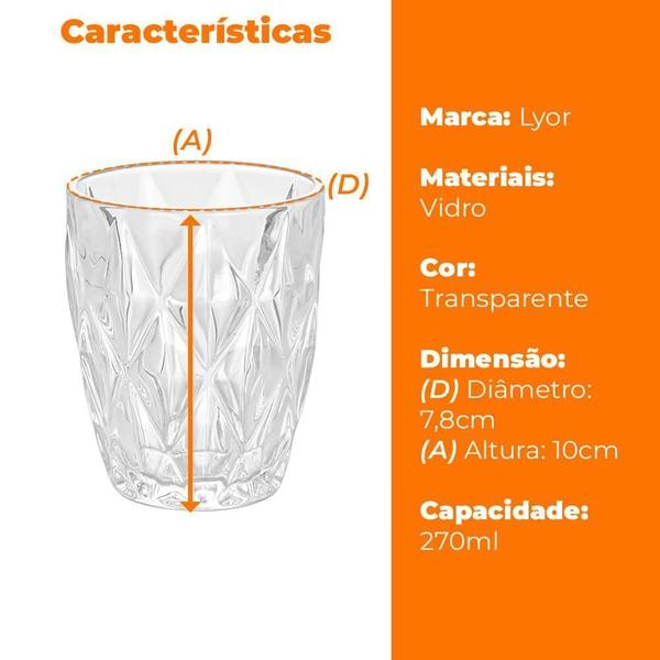 Copo de Vidro Diamond Transparente 270ml - Lyor Imagem de Copo de Vidro Diamond Transparente 270ml - Lyor