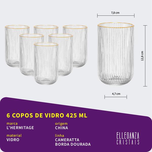 Imagem de Copo de Vidro L'Hermitage Borda Dourada 425 ml Cameratta 6 Peças