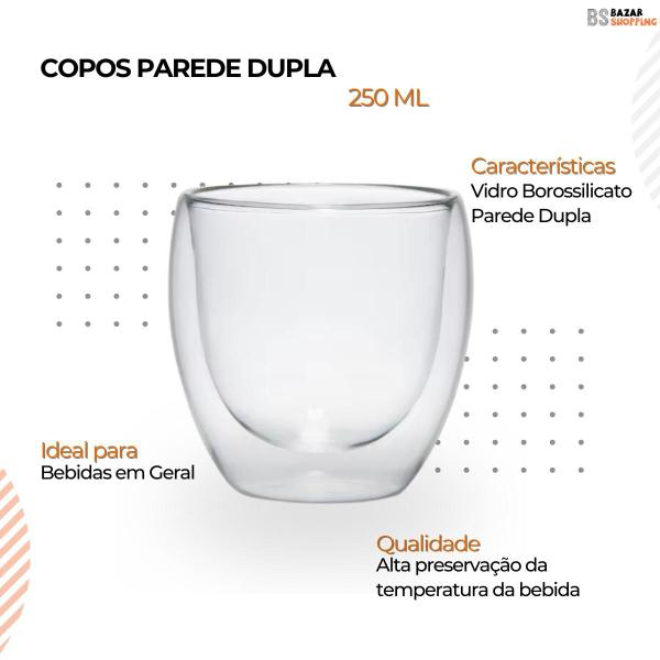 Imagem de Copo De Vidro Parede Dupla Xicara Café Chá 250ml 2 Unidades 