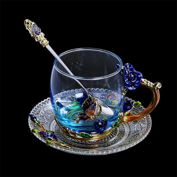 Imagem de Copo de vidro Wokex Blue Rose Enamel Crystal 300mL com colher