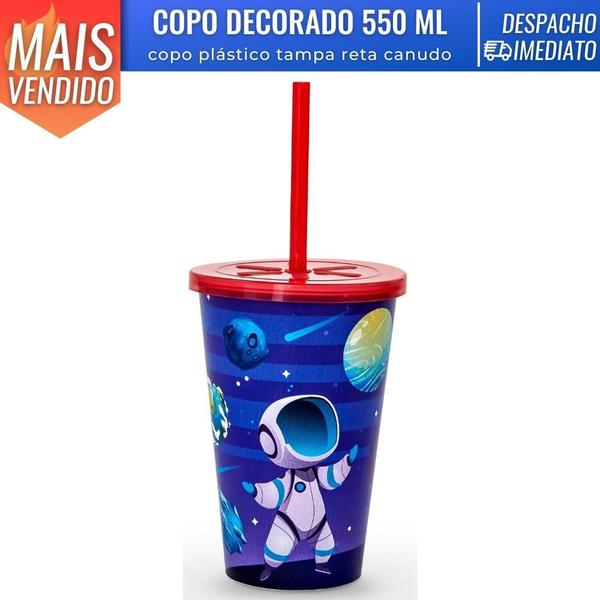 Imagem de Copo Decorado Infantil 550 ml Plástico c/ Tampa Reta e Canudo