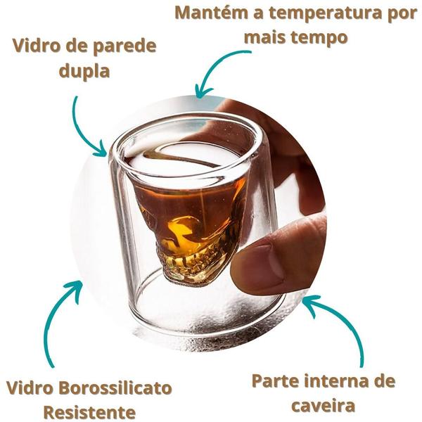 Imagem de Copo Duplo Caveira Vidro Duplo 150ml 6 Peças Dose Whisky Shot