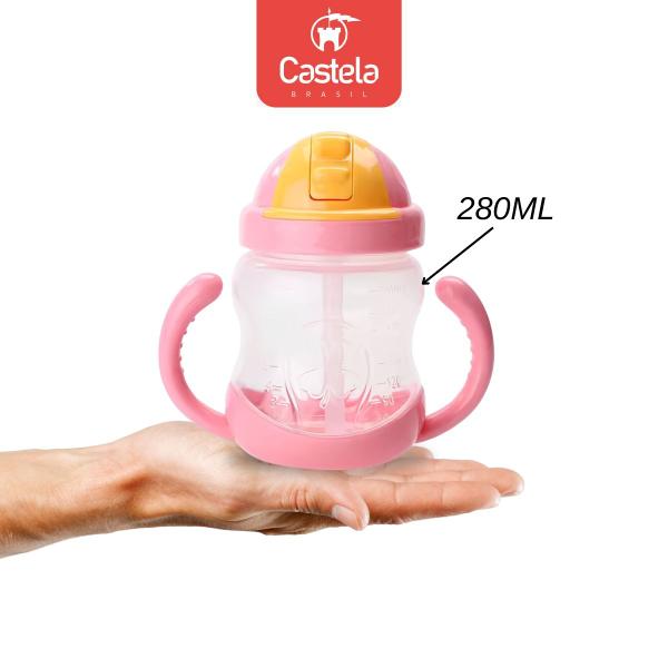 Imagem de Copo Garrafinha Infantil Com Canudo Silicone 280Ml Rosa Castela