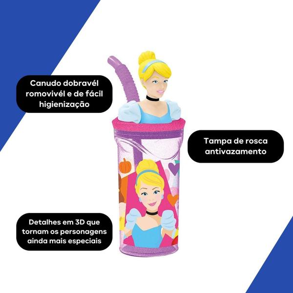 Copo Infantil Com Canudo Cinderela 360Ml Princesas Disney - Yangzi Imagem de Copo Infantil Com Canudo Cinderela 360Ml Princesas Disney