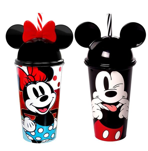 Imagem de Copo Infantil Minnie e Mickey Mouse com Orelhas Tampa e Canudo Premium Plasútil