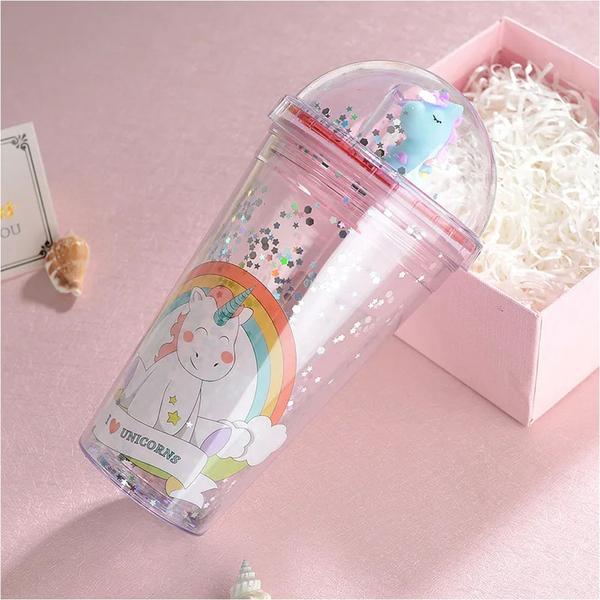 Imagem de Copo Infantil Misteriosa Canudo Glitter LED 500ml Luz Brilho Acrílico Sortido 180