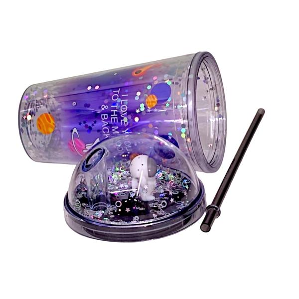 Imagem de Copo Infantil Space Moon Acrílico Glitter Canudo Tampa 450ml