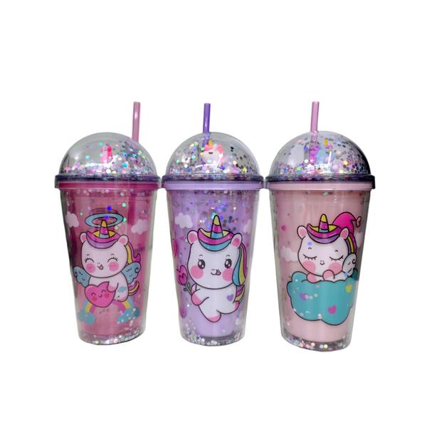 Imagem de Copo Infantil Unicórnio Acrílico Glitter Canudo Tampa 450ml