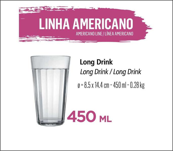 Imagem de Copo Long Drink Copo Americano 06 Vidro 450Ml Copos Cerveja