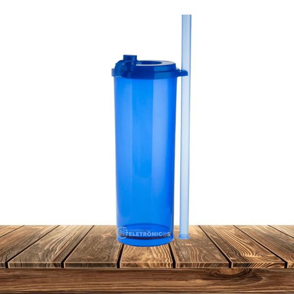 Imagem de Copo Long Drink Sky Em acrílico Azul Com Tampa E Canudo 330ml - 30064