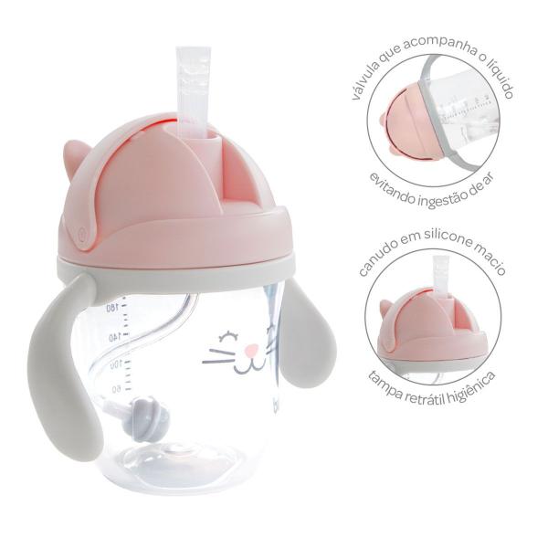 Imagem de Copo para Bebe com Alça Removível e Canudo 220 ml Gatinha Azul Rosa Buba