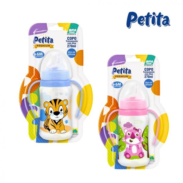 Imagem de Copo Petita Cristal Bico de Silicone com Alça 270ml Antivazamento - Menino e Menina