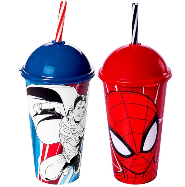 Imagem de Copo Shake com Canudo Infantil Spider Man e SuperMan Comics e Marvel 500ML