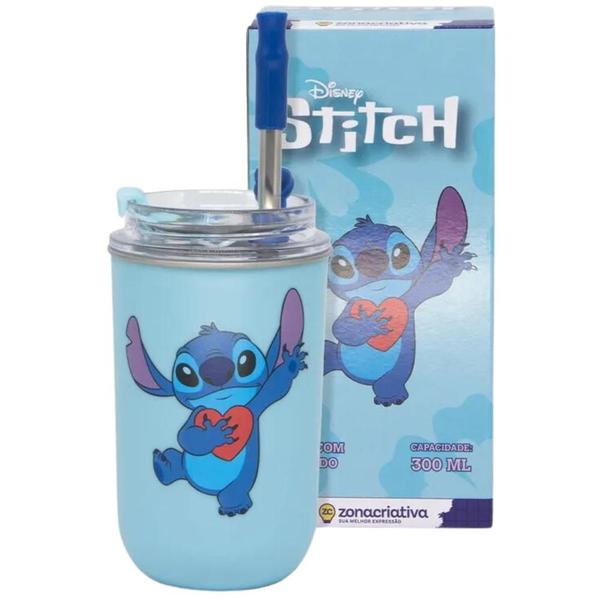 Imagem de Copo Stitch Térmico Quente Gelado 300ml Com Tampa E Canudo Oficial Disney