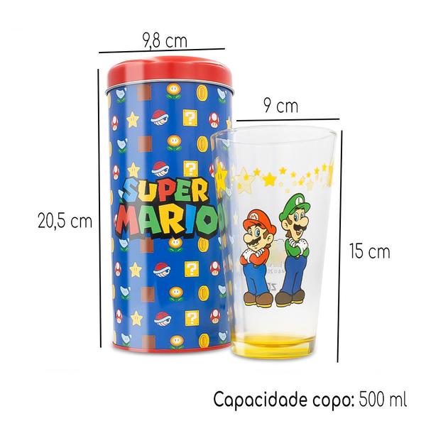 Imagem de Copo Super Mario Vidro 500ml E Cofre Grande Decorado Games