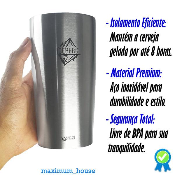 Imagem de Copo Termico Cerveja Café Sem Tampa Inox Parede Dupla 600ml Azul Cinza  Iceberg Yangzi Premium Original