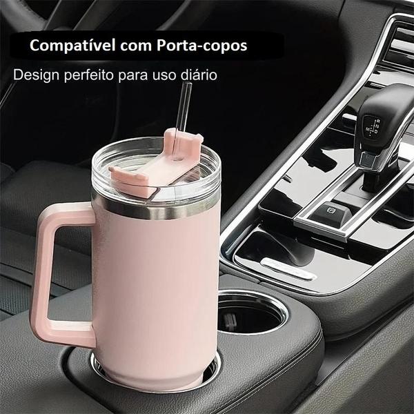 Imagem de Copo Térmico Grande 1200 Ml Canudo Parede Dupla Cor branco