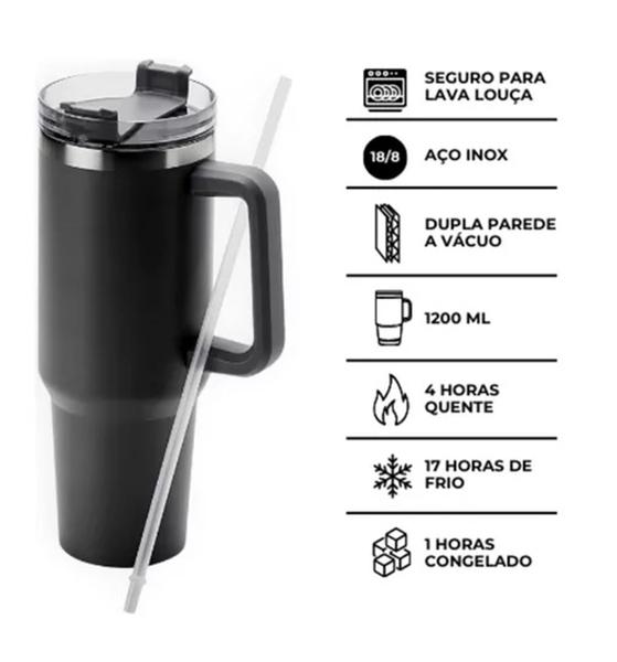 Imagem de Copo Térmico Inoxidável 1200ml Canudo Tampa Alça Bebidas Café Água