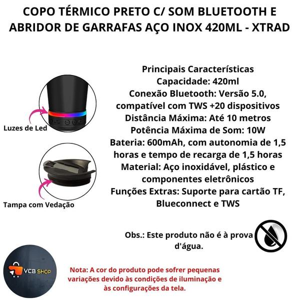 Imagem de Copo térmico preto c/ caixa som bluetooth e abridor de garrafas aço inox 420ml xdg-298 xtrad