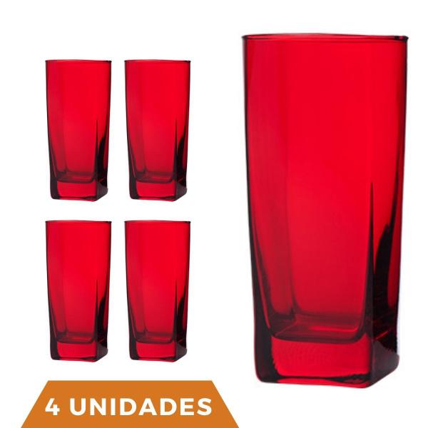 Imagem de Copo Vidro 320ml Quadrado BALI Jogo com 4 Vermelho Luxo